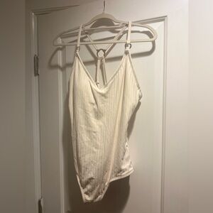 Cream, padded one-piece swimsuit with gold hardware, strappy back ✨